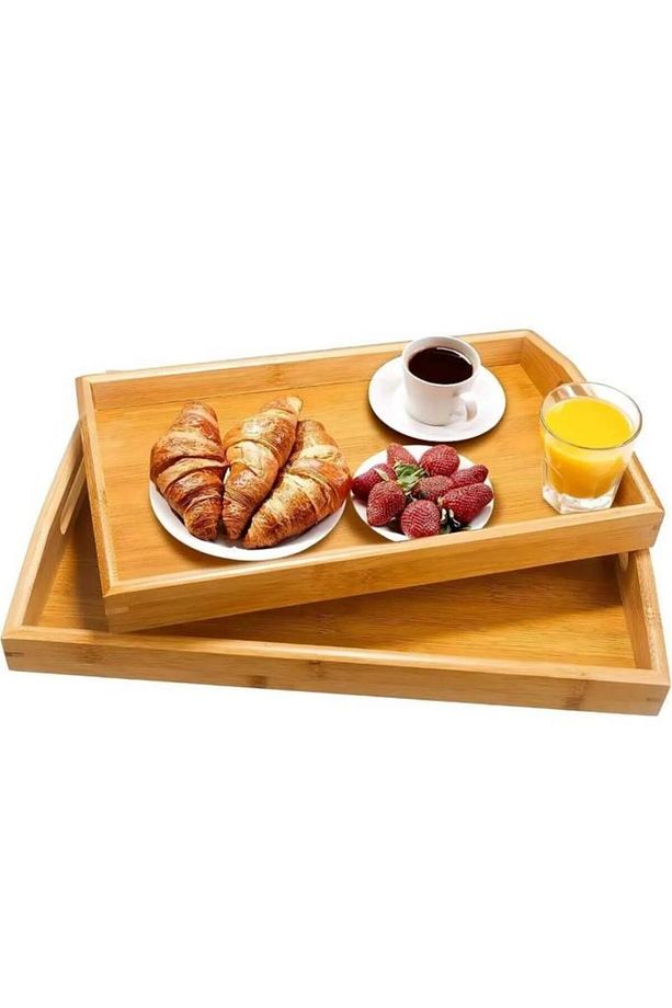 Dikdörtgen Bambu Tepsi 2li Set - Çay Kahve Kahvaltı Sunum Servis Tepsisi - 7