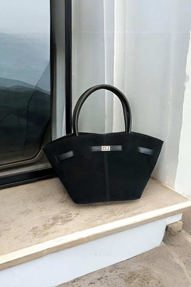 Women's Black Suede Leather Hand and Shoulder Bag with Magnet Closure and Lock Detail