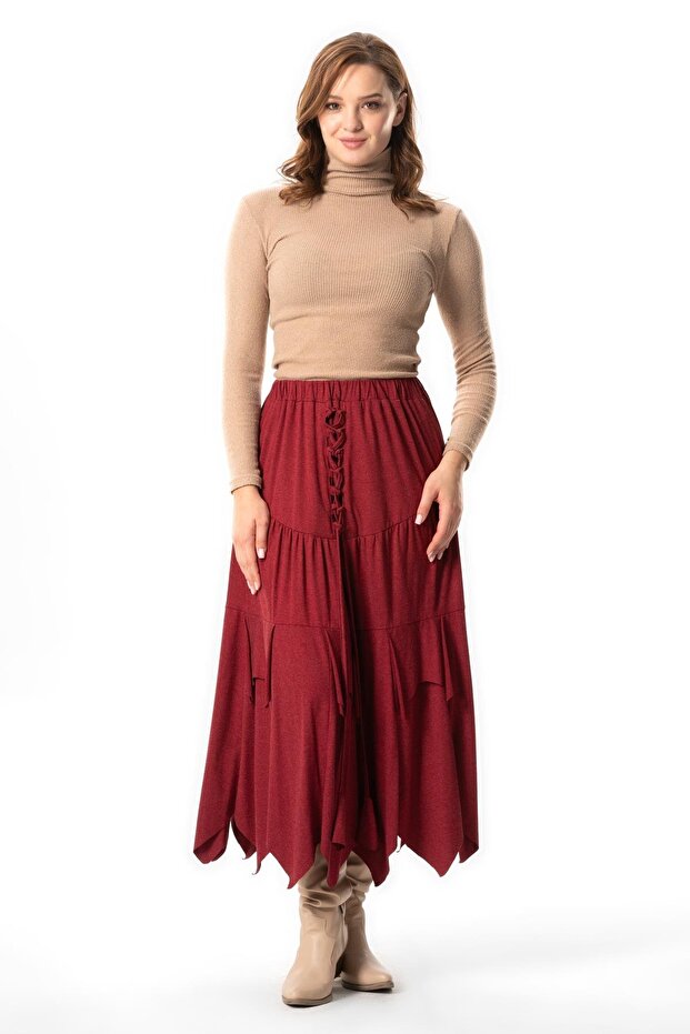 Elastic Waist, Tie-Back, Asymmetrical Cut, Long Wool Viscose Skirt, Burgundy Brd