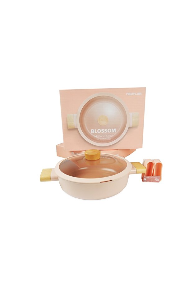 ,Blossom,LOW Cooking Pot,24cm,Wood Handle&Glass Lid,Suitable Stovetop&Induction,Sandy Pink