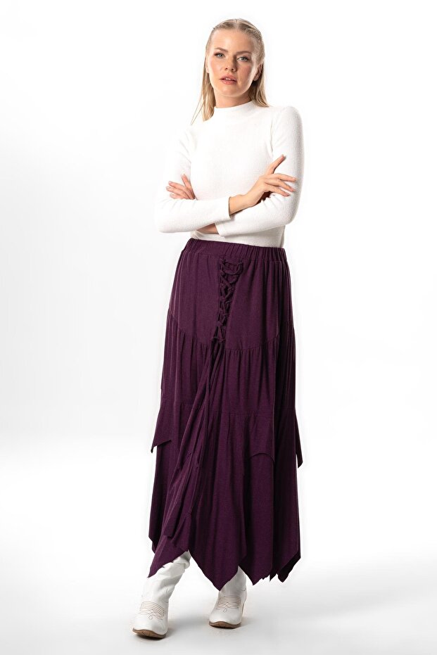 Elastic Waist, Tie Back, Asymmetrical Cut, Long Wool Viscose Skirt, Plum Color, Mrd