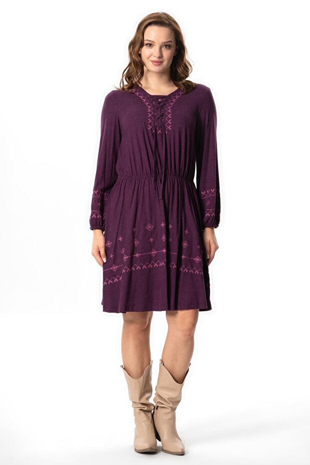 Long Sleeve Life Tied Autumn and Winter Embroidered Authentic Short Combed Cotton Viscose Dress Plum Mrd