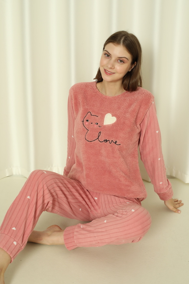 Fwn 04-3309 Plush Welsoft Fleece Winter Soft Heart Cat Women's Pajamas Set