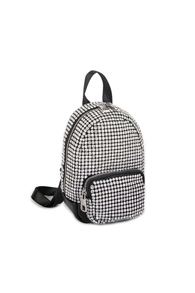 Women's Backpack Silver Diamond Stylish Mini Bag with Silver Stones