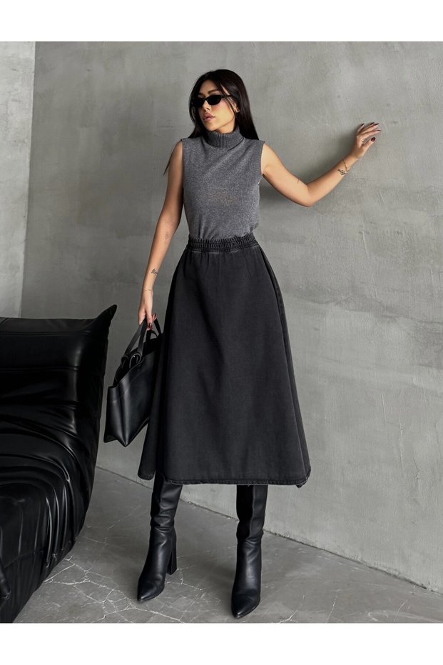 Women's High Waist Midi Length Elastic Waist Flared Denim Skirt