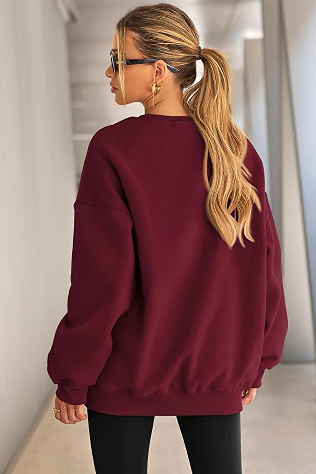 Kadın Bisiklet Yaka Basic Oversize Sweatshirt BORDO - 3