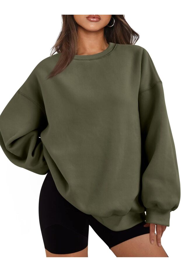 Kadın Bisiklet Yaka Basic Oversize Sweatshirt HAKİ - 4