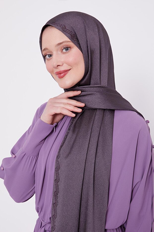 Menekşe Dalgalı İşlemeli Diamond Şal - 3