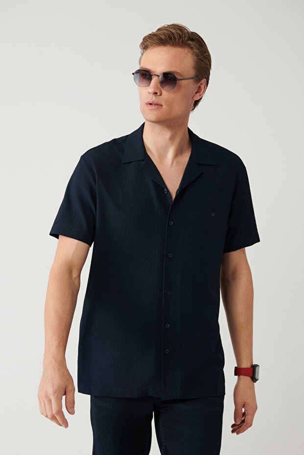 Erkek Lacivert Apaj Yaka Kolay Ütülenebilir Gofreli Kısa Kollu Regular Fit Gömlek A41Y2169 - 1