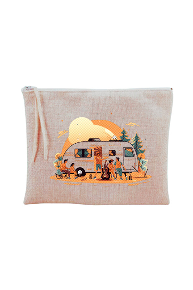 Orange Camping Theme Printed Makeup Bag