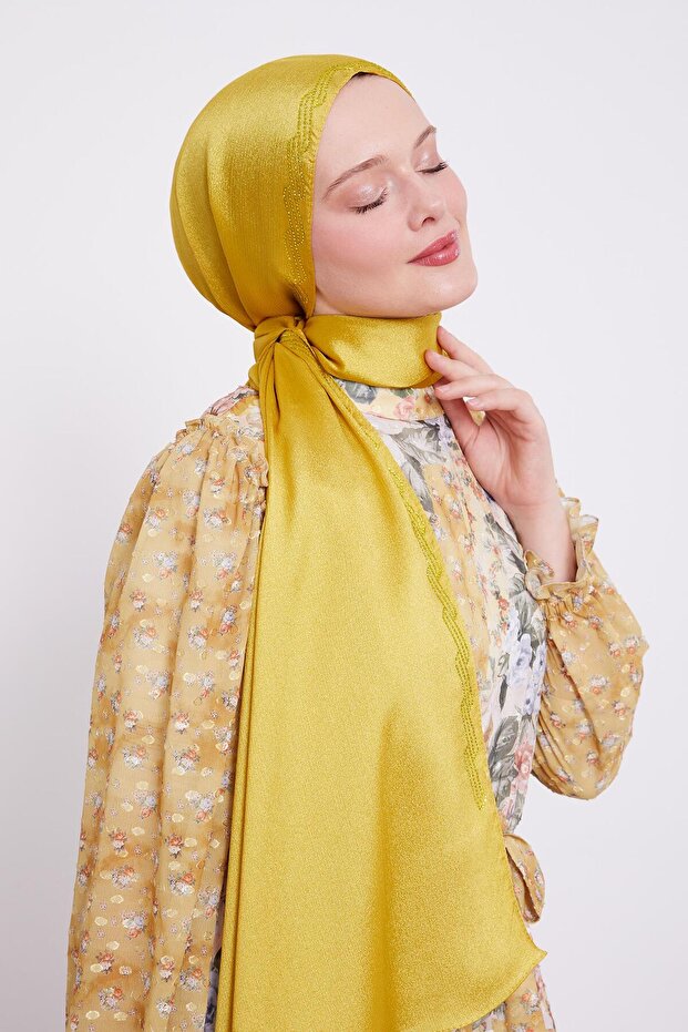 Lime Dalgalı İşlemeli Diamond Şal - 3