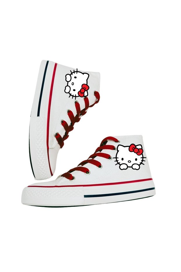 Hello Kitty Printed, Red Laced White Ankle Sneakers Kids Sneaker
