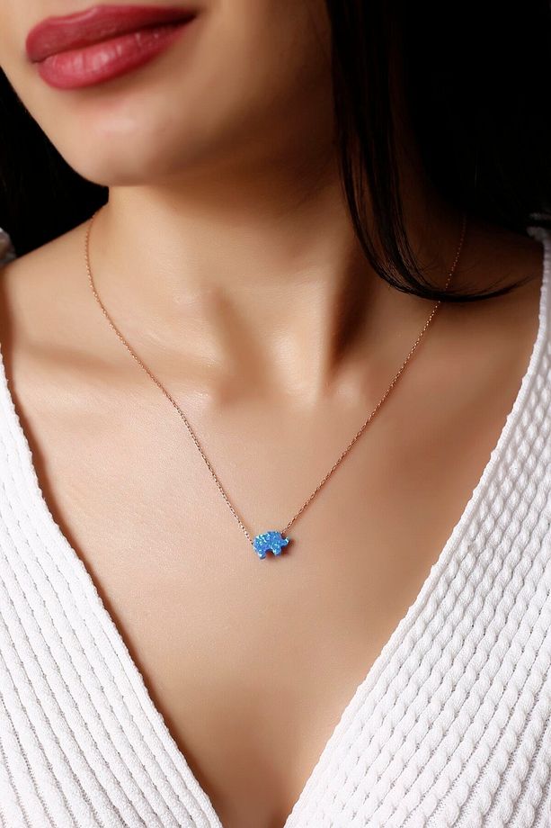 Opal Taşlı Fil Gümüş Kolye - 2