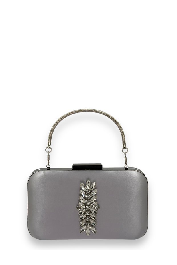 Gray Color Satin Silver Case Silver Stone Handle Evening Dress Evening Bag Portfolio