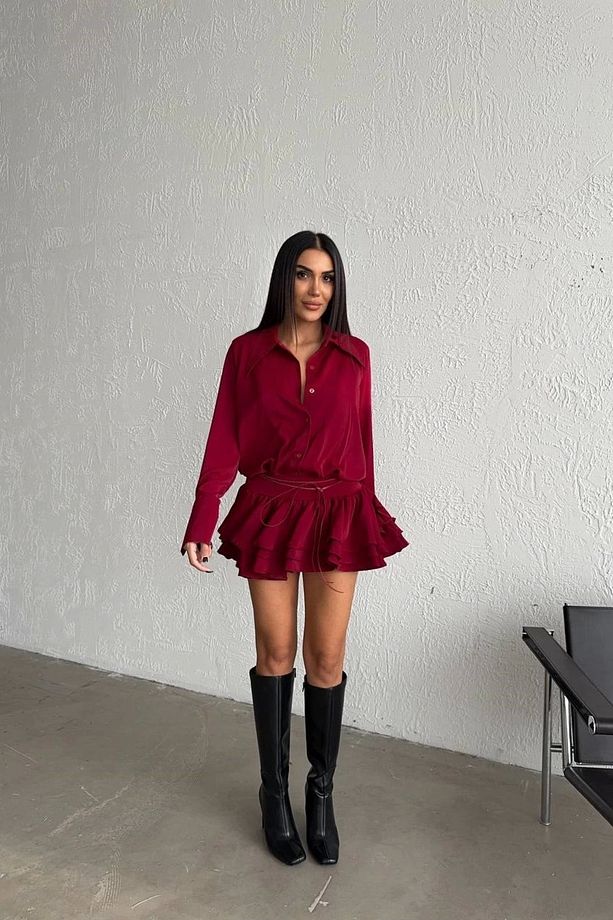 Kadın Bordo Gömlek Elbise 1026-221567 - 5