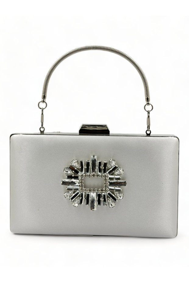 Ecru Color Satin Silver Case Silver Stone Evening Dress Bag Evening Bag Portfolio