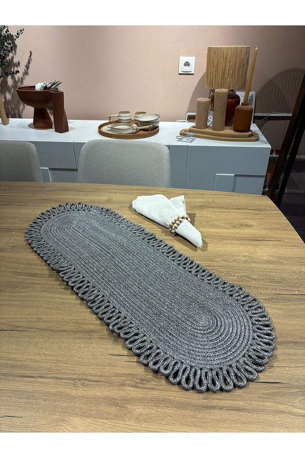 Kırçıllı Gri Galaxy Doğal Jüt, Desenli, Hasır, Amerikan Servis, Masa, Sehpa Örtüsü Runner. 30x80 - 4