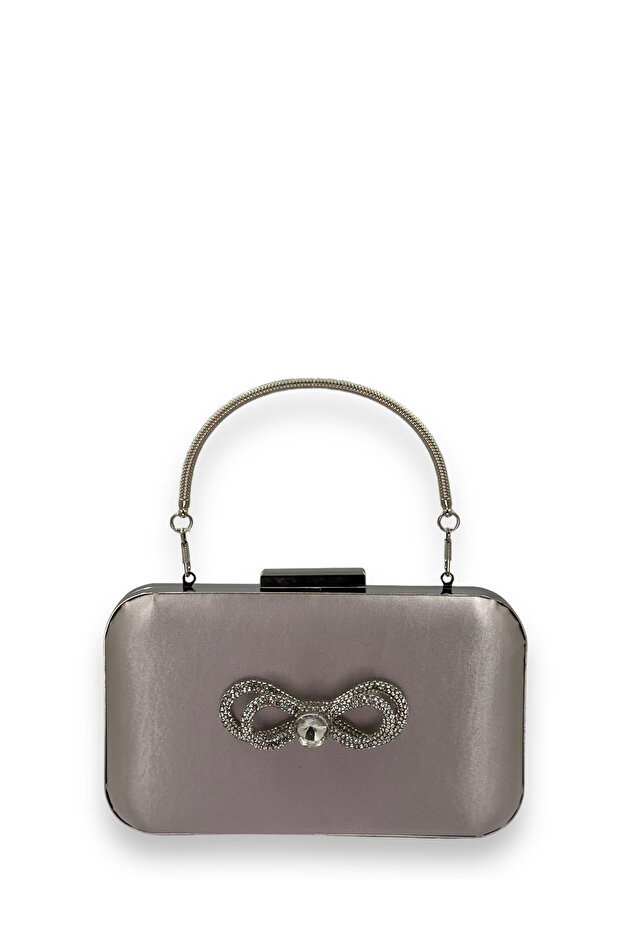Mink Color Satin Silver Case with Handle Silver Stone Evening Dress Evening Bag Clutch