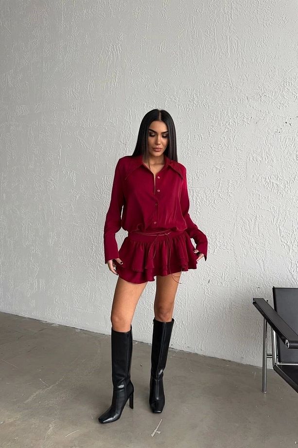 Kadın Bordo Gömlek Elbise 1026-221567 - 4