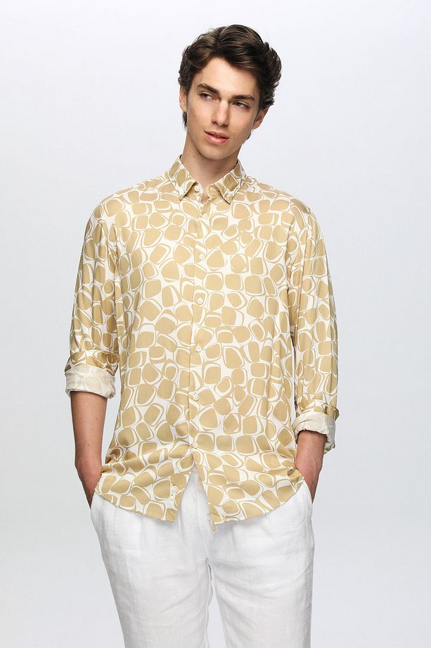 Slim Fit Camel Baskılı %100 Viskon Gömlek - 1
