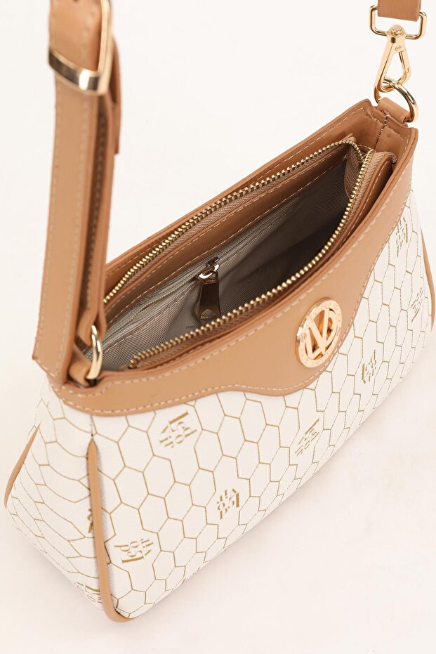 Beige Honeycomb Pattern Shoulder Bag - 3