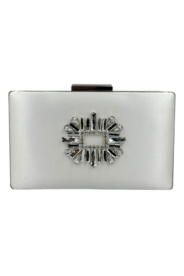 Ecru Color Satin Silver Case Silver Stone Evening Dress Bag Evening Bag Portfolio