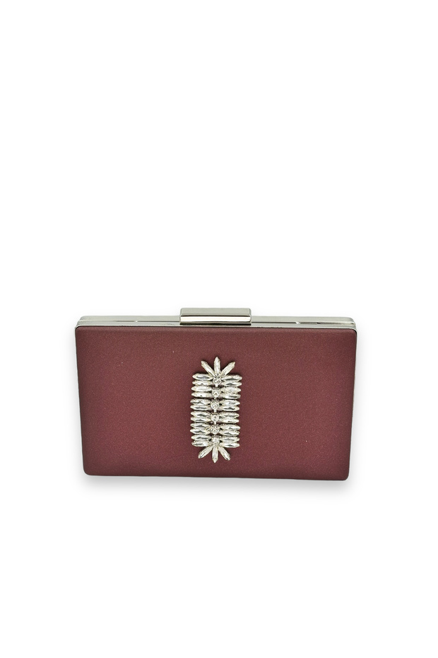 Burgundy Color Scratch-Resistant Satin Silver Stone Evening Dress Bag