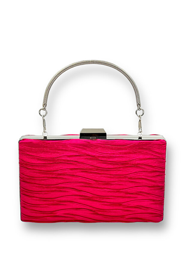 Fuchsia Pleated Satin Evening Dress Bag with Metal Handle Henna Evening Bag