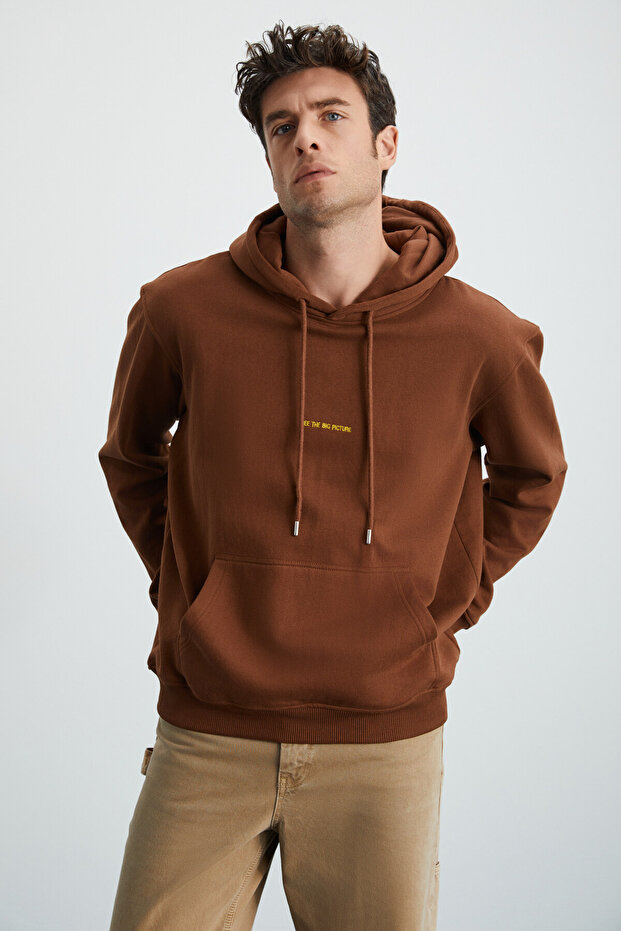 Epic Men's Soft Open Fabric Embroidery Detailed Hooded Corded Regular Bitter Brown Sweatshirt