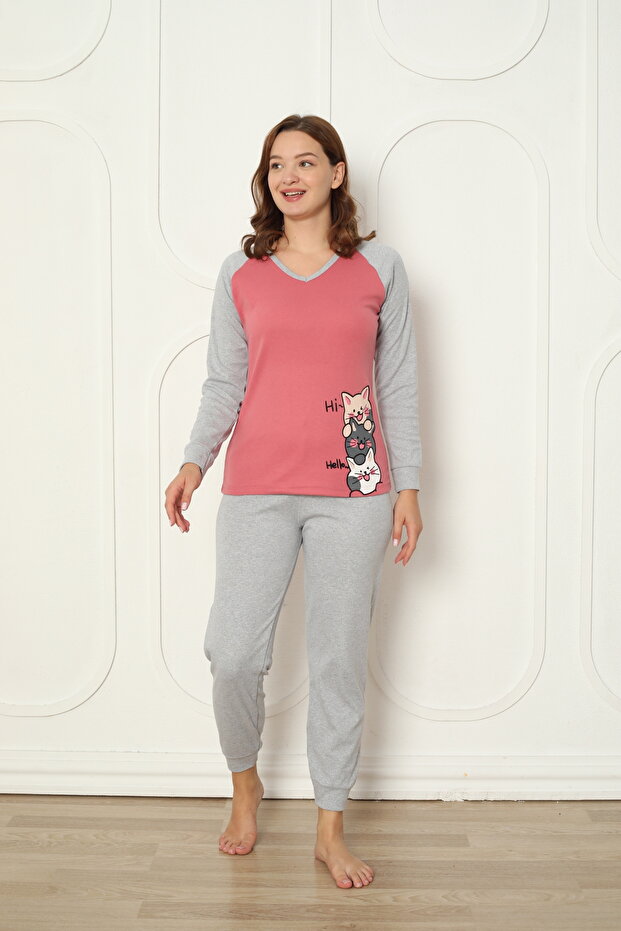 Fwn 04-3024 Interlock Fabric Winter Home Women's Pajama Set with Minnoş Cat