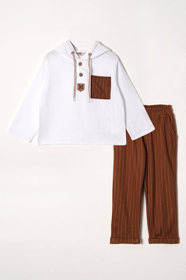 White - Brown Boy's Set with Hooded Collar and Buttoned Muslin Trousers
