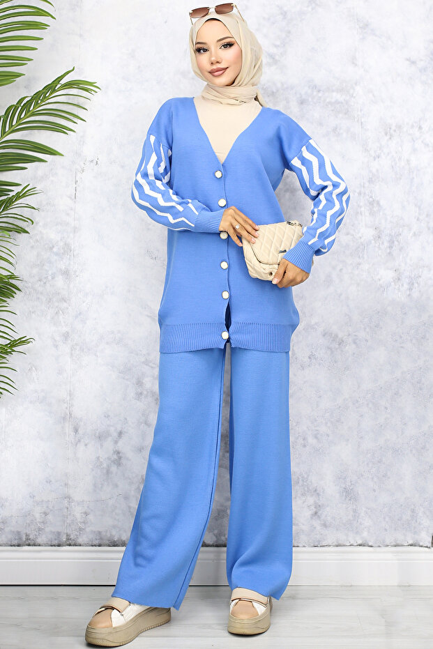 4064 Knitwear Set with Patterned Sleeves Blue