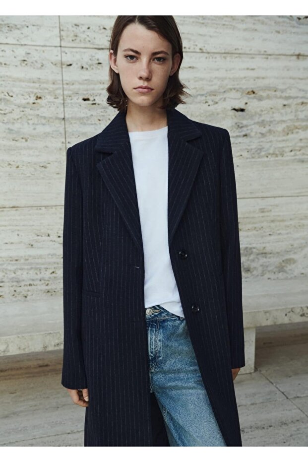 Çizgili Yün Ceket - 5