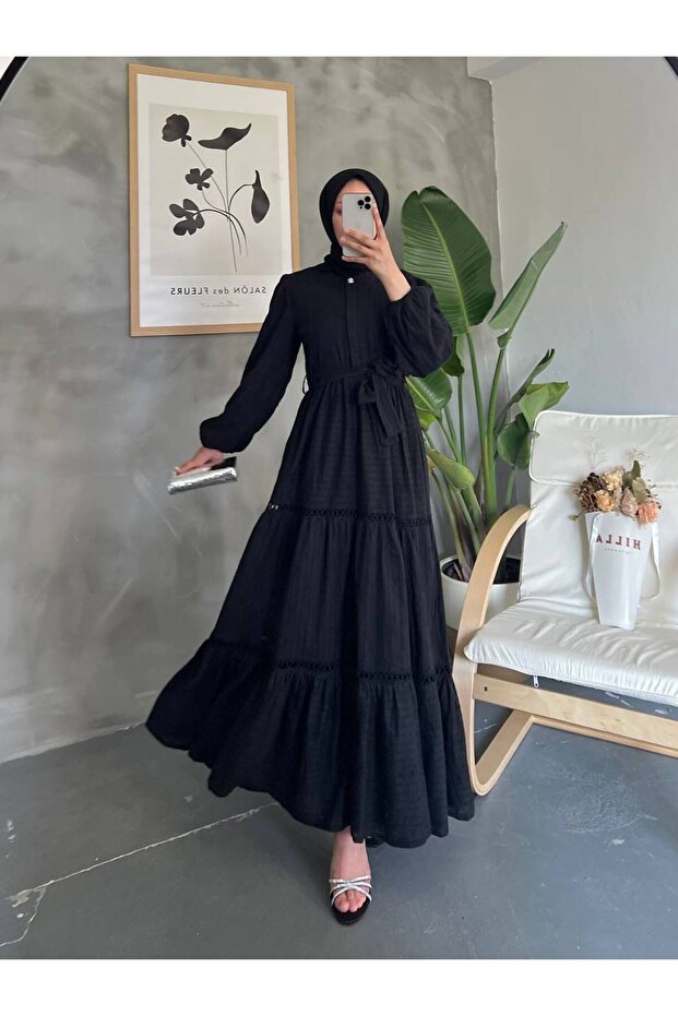 Women's Textured Belly Lined Fisto Long Tesetural Dress