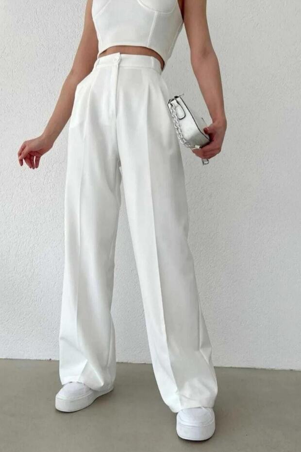 Women's White Pleated Fabric Palazzo Trousers