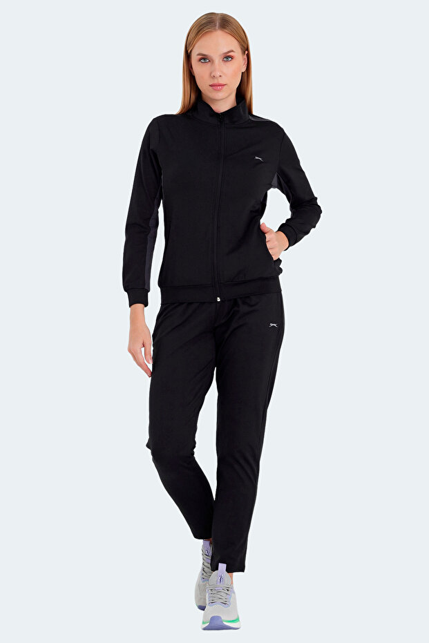 Rector Women's Zippered Stand Collar Black Tracksuit Set with Pockets