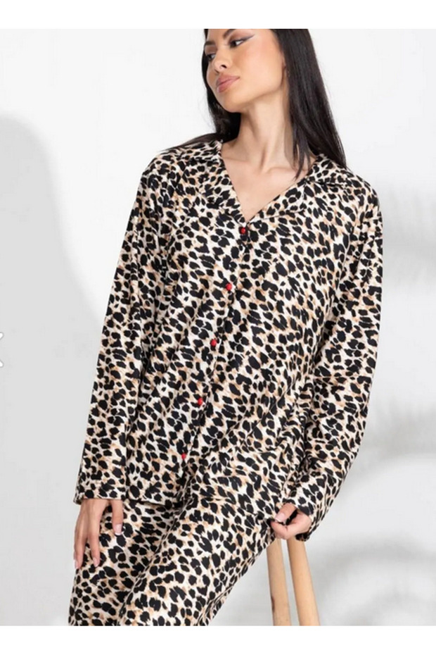Leopard Pajama Set, Lycra Long Sleeve Shirt Pajamas
