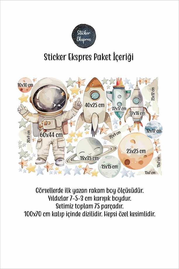 Pastel Renklerde Astronot Uzay Set Gezegen Çocuk Odası Duvar Sticker Seti - 3