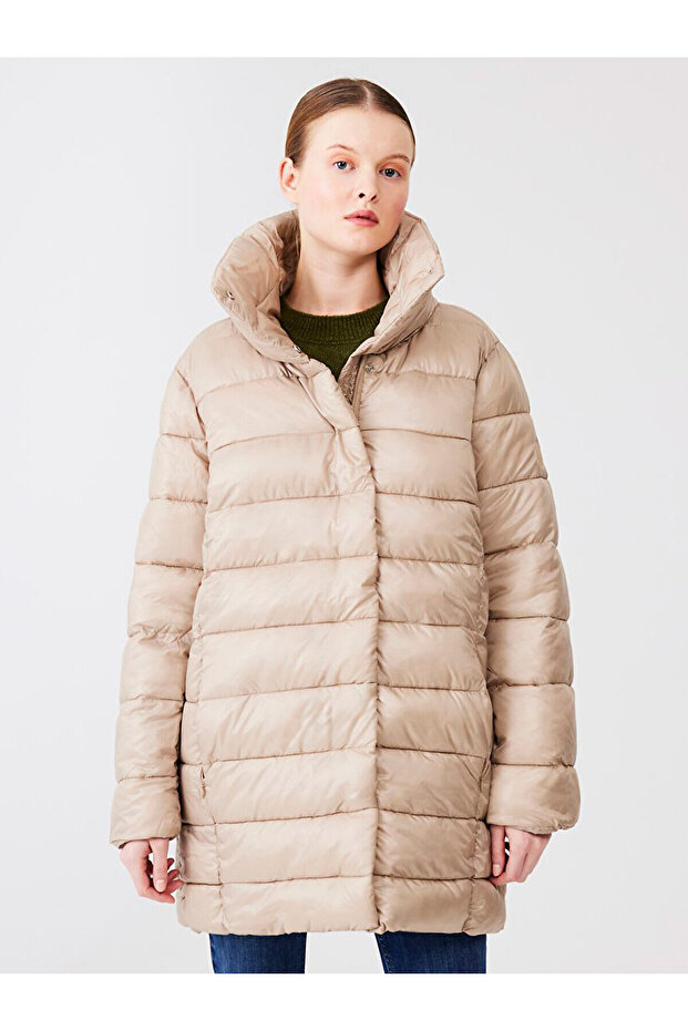 Kapüşonlu Şişme Bej Mont - 3