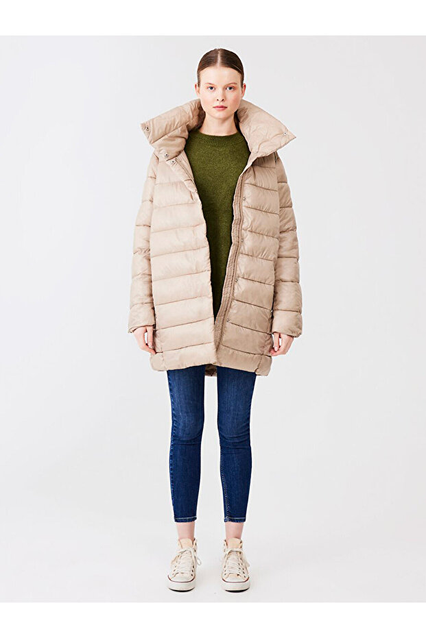 Kapüşonlu Şişme Bej Mont - 1
