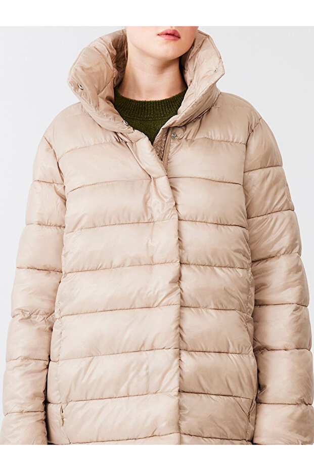 Kapüşonlu Şişme Bej Mont - 5