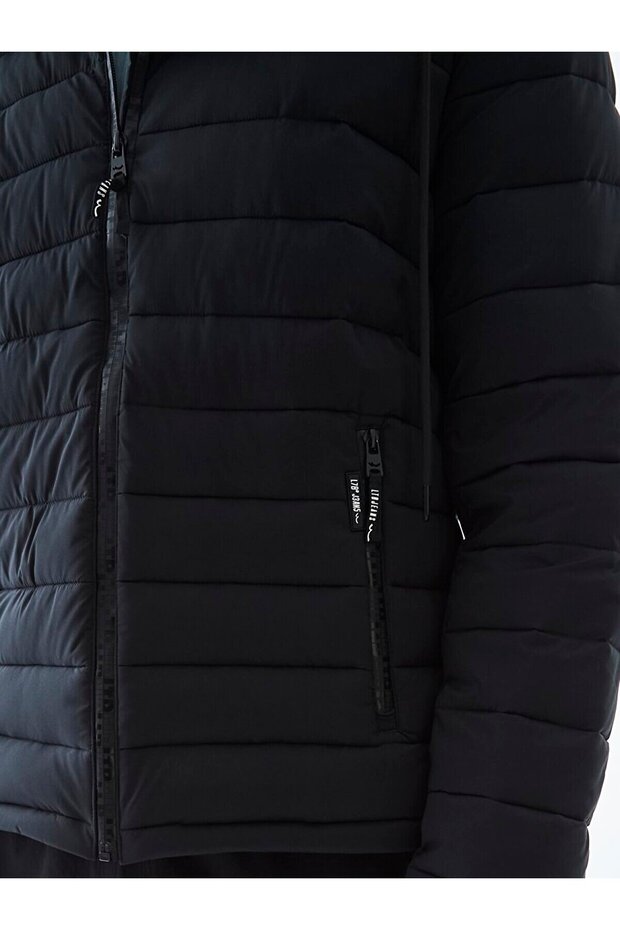 Kapüşonlu Şişme Siyah Ceket - 5