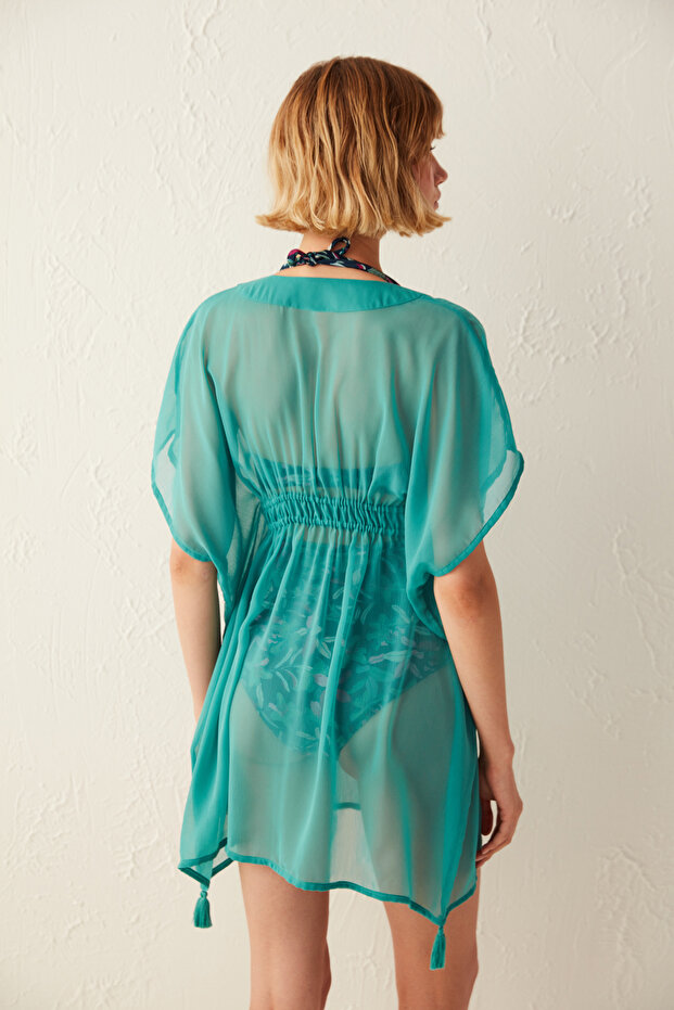 Turkuaz Püskül Detaylı Basic Kaftan - 4