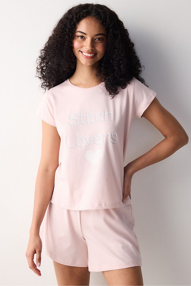 Pamuklu Pink Heart Şortlu Pembe Pijama Takımı - 1