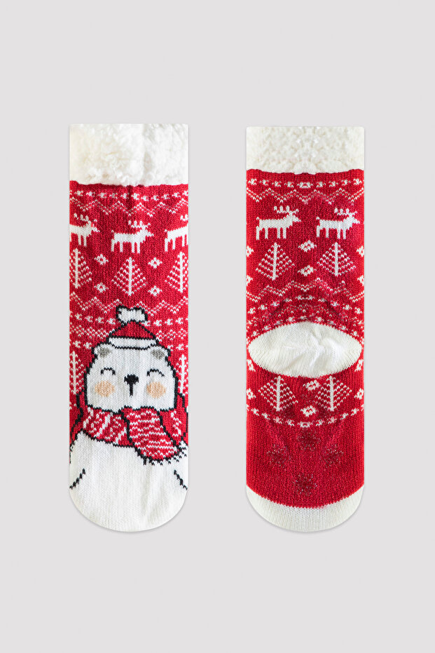 Red Unisex Children's Teddy Bear Patterned Socks