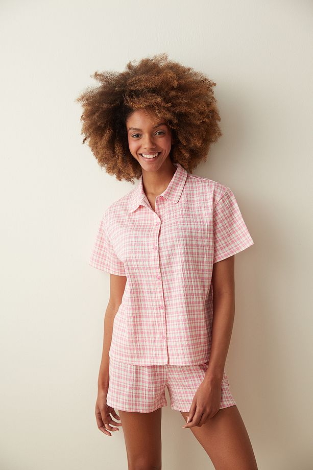 Turuncu Peache Gingham Gömlek Şort Pijama Takımı - 5