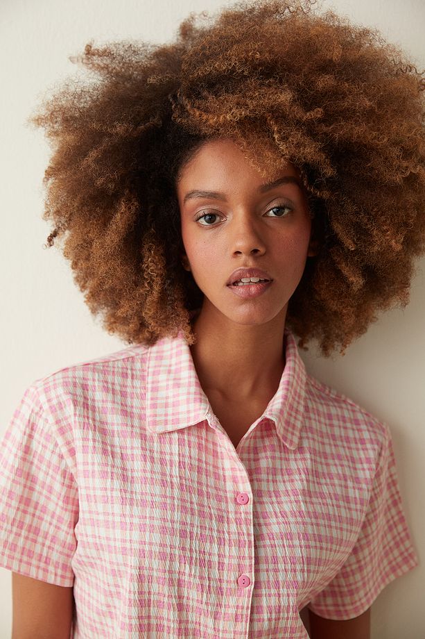 Turuncu Peache Gingham Gömlek Şort Pijama Takımı - 2