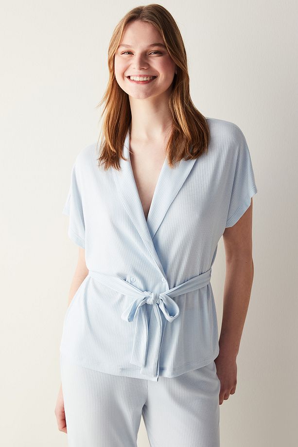 Hailee Rib Mavi Pantolon Pijama Takımı - 1