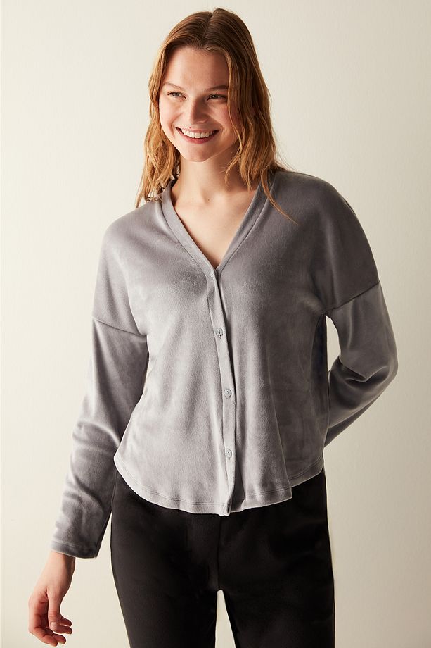 Gri Fuzzy Hırka Pijama Üstü - 2