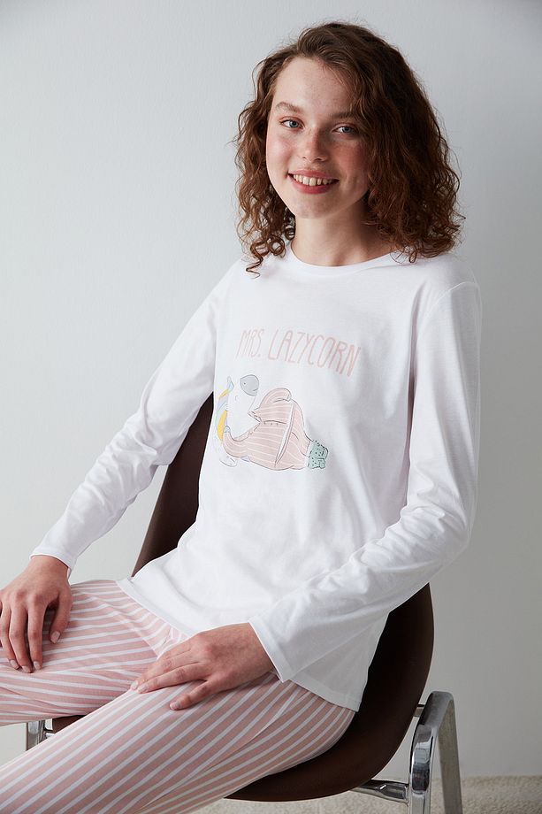 Lazycorn Baskılı Pembe Pijama Takımı - 2